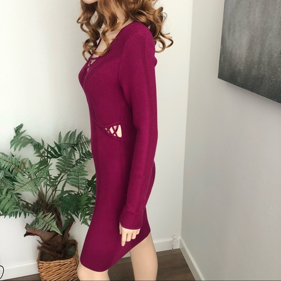 Guess Burgundy Long Sleeve Ribbed Sweater Dress - Picture 3 of 12